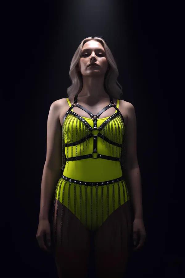 neon sarı zincirli harness takım siyah suni deri bantlı ve sarkan metal zincirli etek silüeti