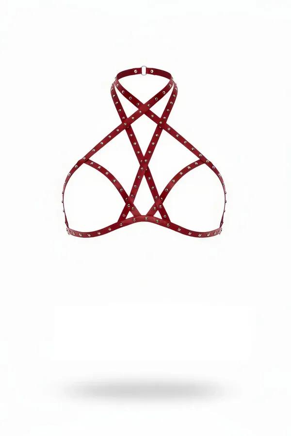kırmızı vegan deri göğüs harness gümüş perçin detaylı çapraz tasma O-halka halter