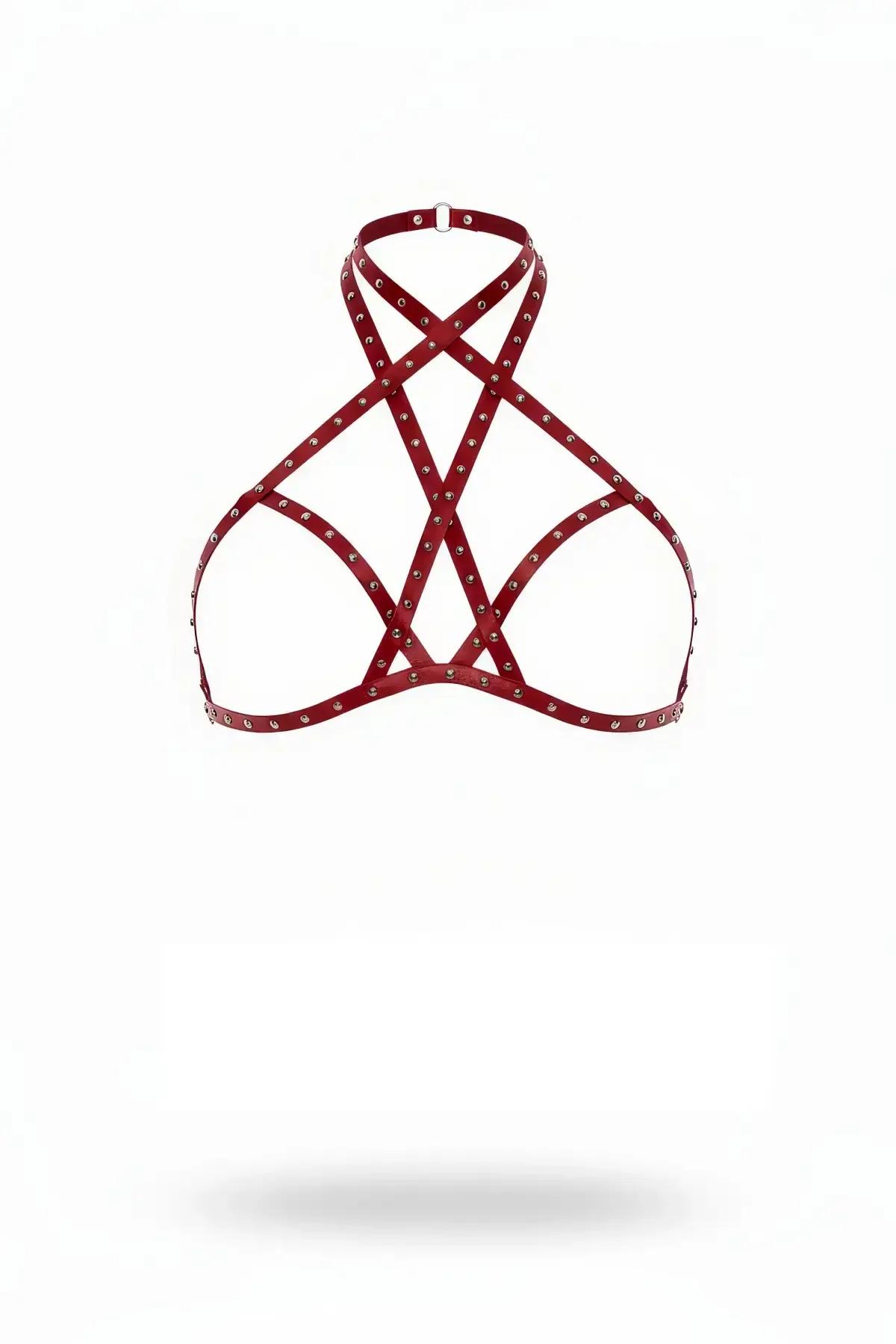 kırmızı vegan deri göğüs harness gümüş perçin detaylı çapraz tasma O-halka halter