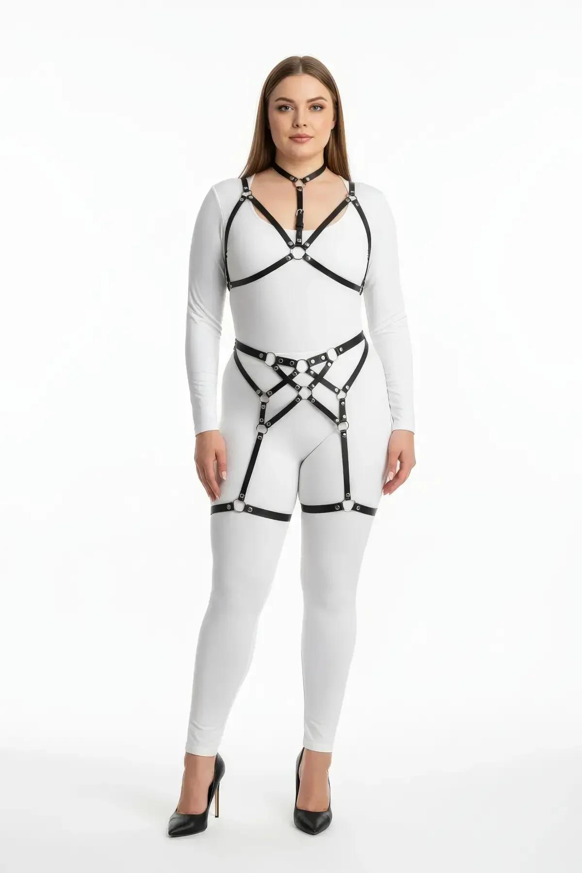 büyük beden siyah suni deri full body harness takım gümüş O-halkalı göğüs bel bacak jartiyer