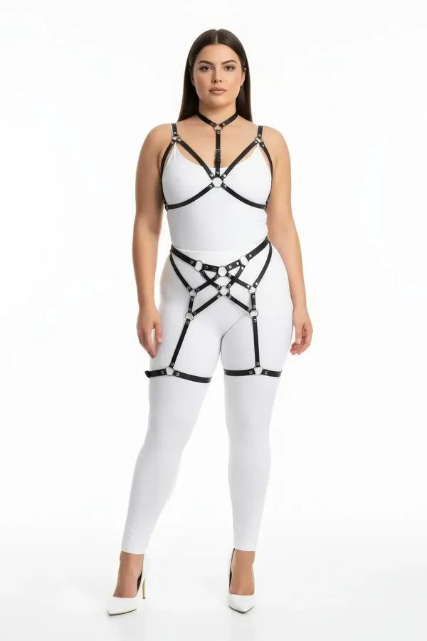 black faux leather full body harness set with choker chest harness hip panel and thigh garter straps silver O-rings