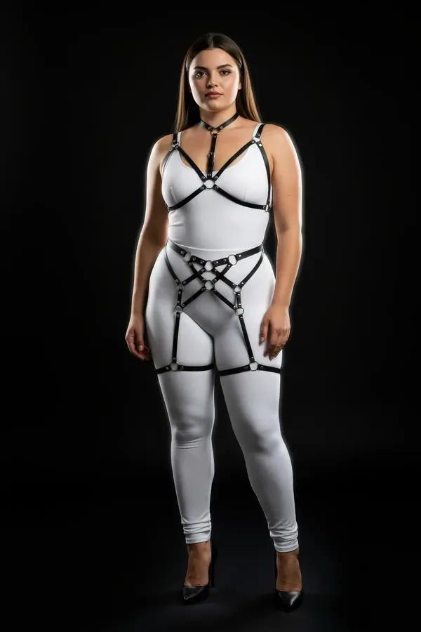 black faux leather full body harness set with choker chest harness hip panel and thigh garter straps silver O-rings