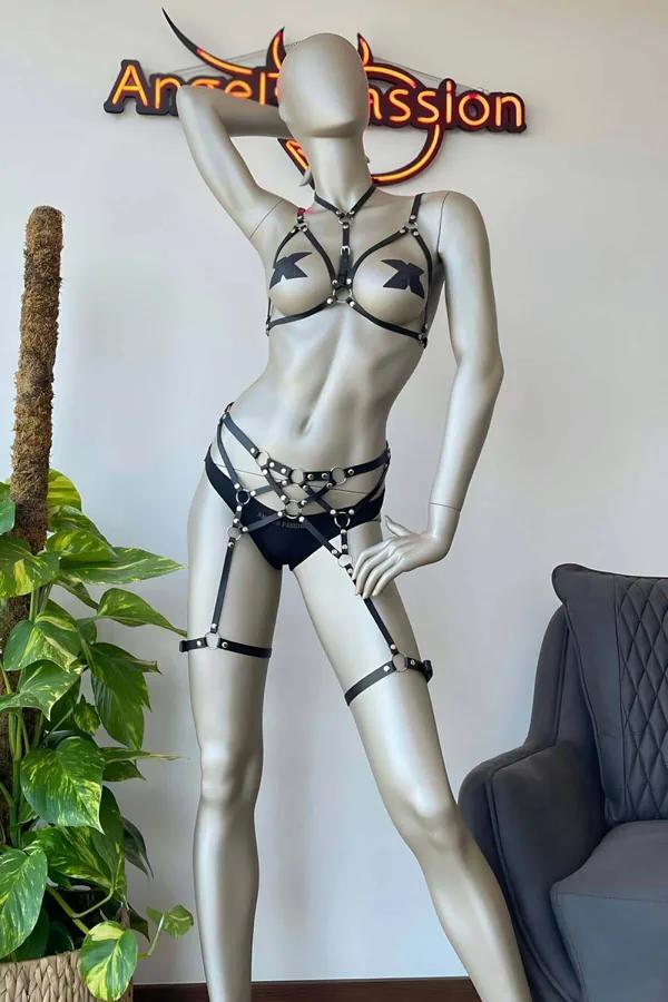 siyah vegan deri fantazi jartiyer büstiyer takım gümüş O-halkalı üç parçalı harness set