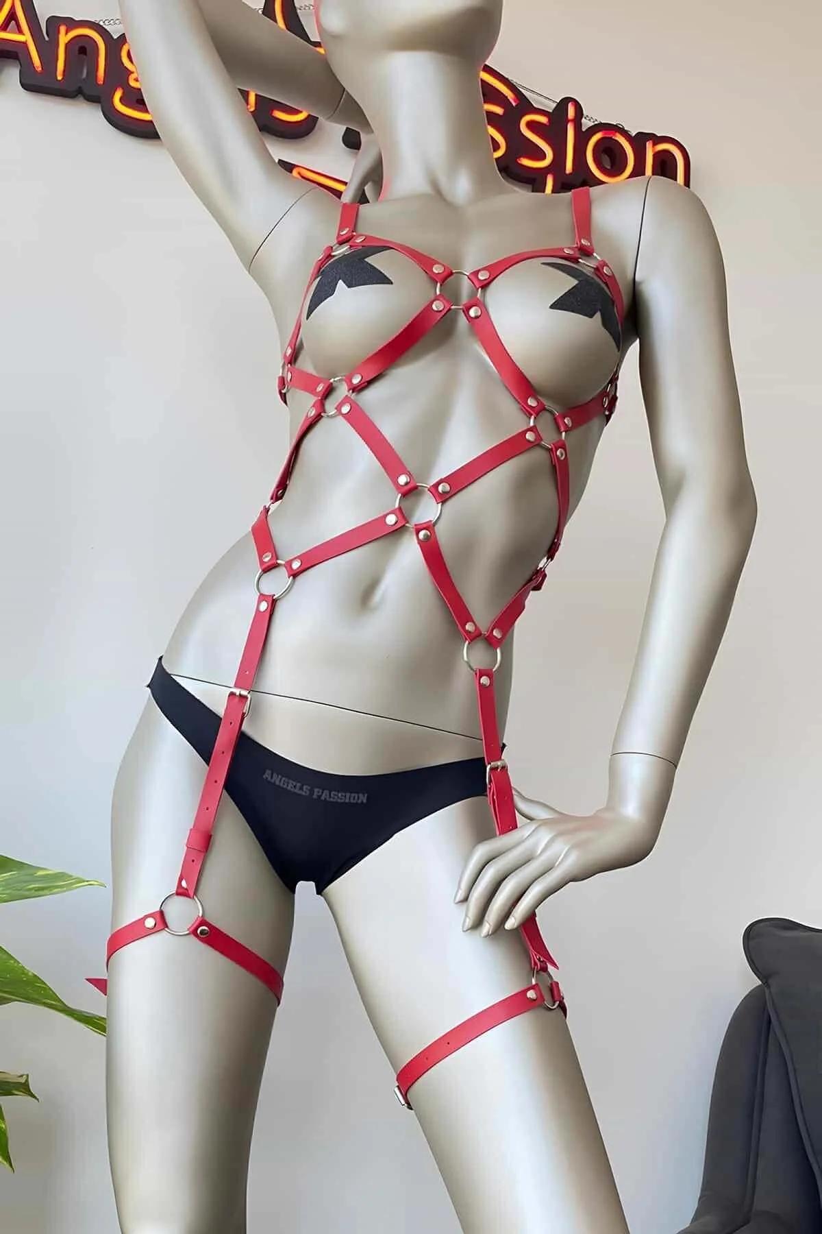red faux leather full body harness set with silver O-rings chest torso waist leg straps on mannequin