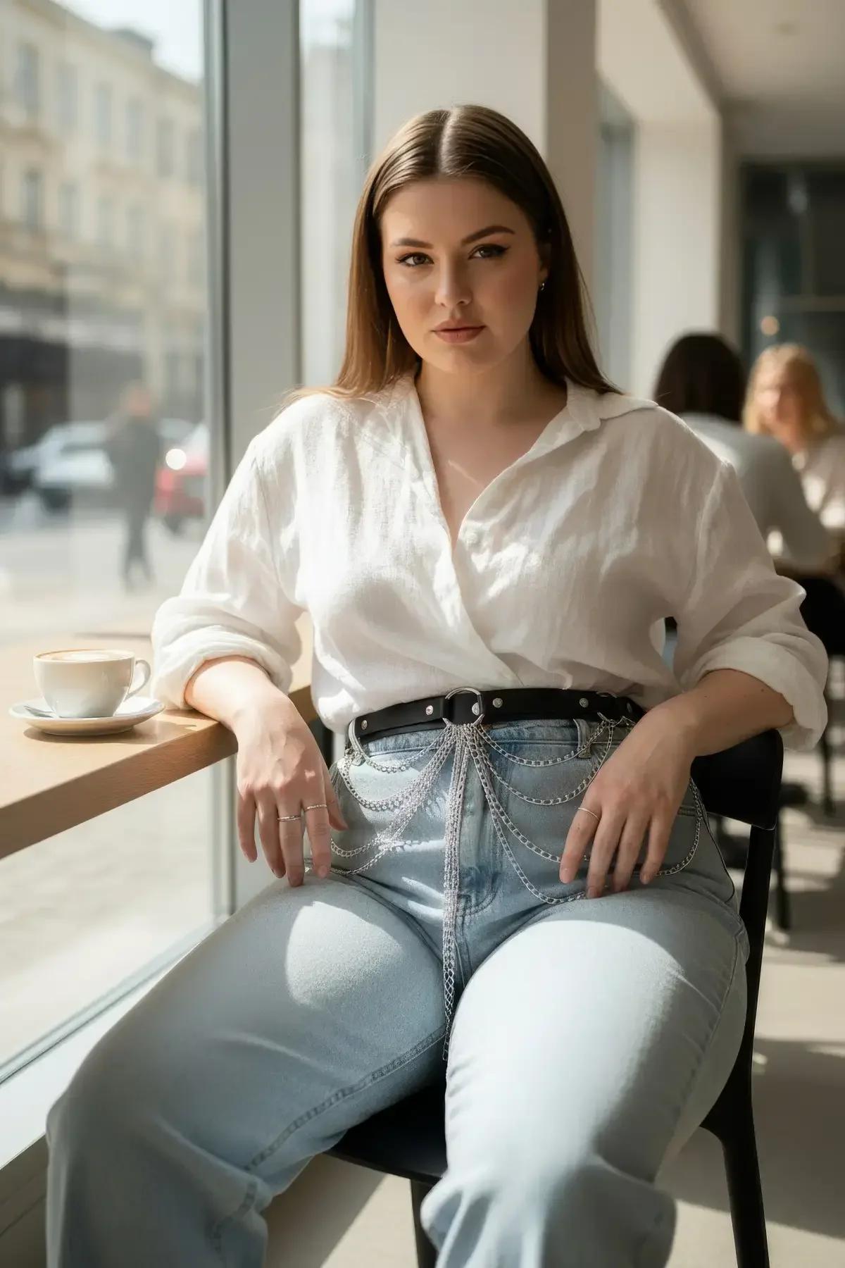 black faux leather belt with layered silver chains draped across hip worn over light wash jeans