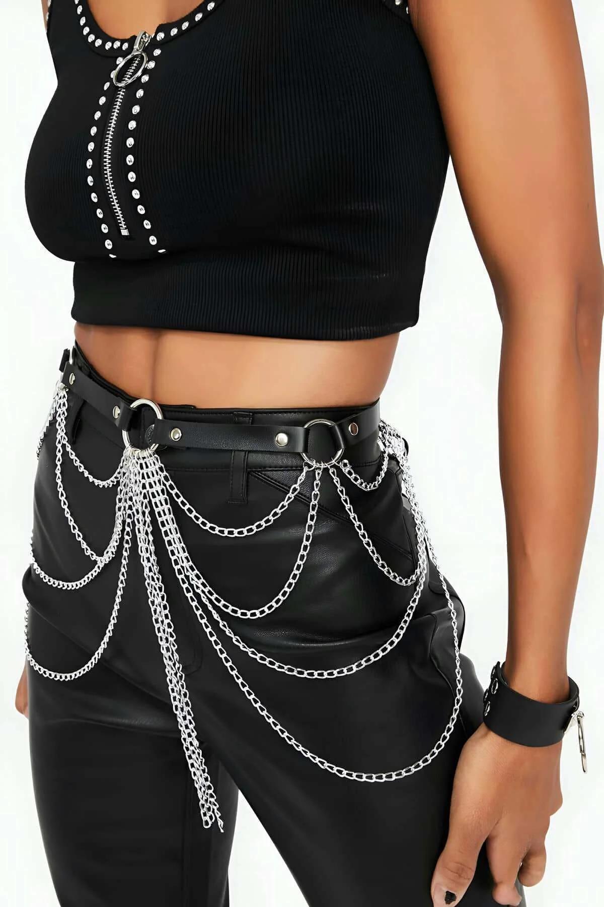 siyah suni deri kemer harness gümüş çoklu sarkık metal zincir detaylı bel aksesuar