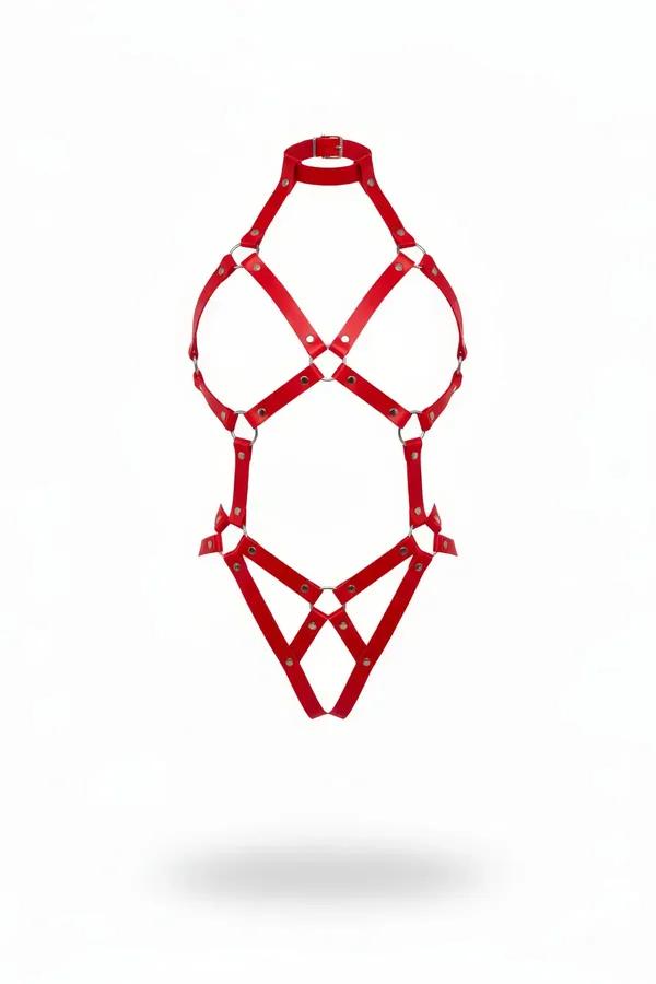 red faux leather full body harness with choker collar, X-chest straps, and cross-hip V-detail in silver O-ring hardware