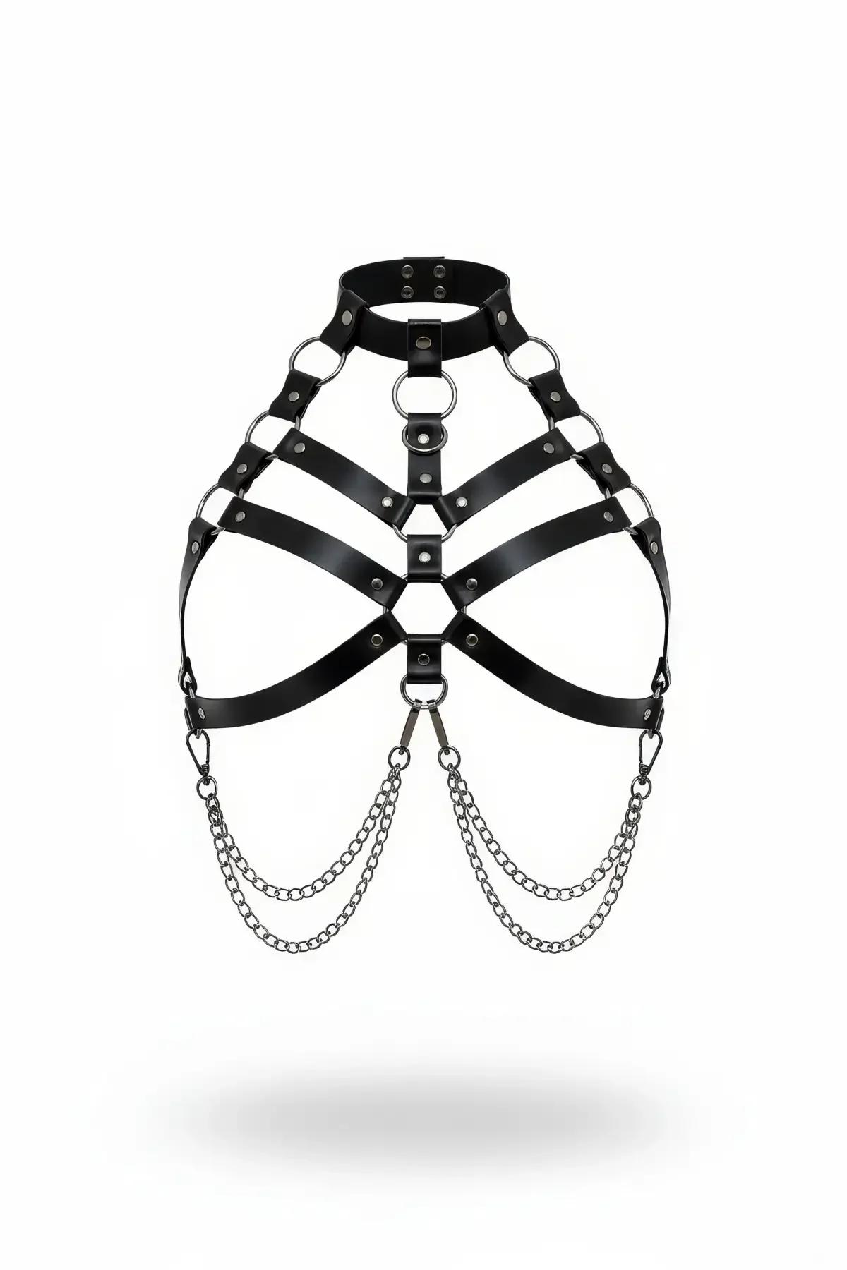 siyah vegan deri vücut harness zincir ve O-halka detaylı gümüş metal aksesuar