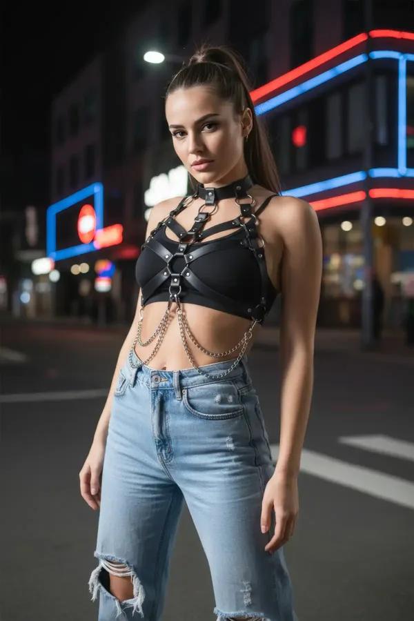 Siyah vegan deri vücut kemeri gümüş zincir ve O-halka detaylı, beyaz bralette üzerinde sokak stili