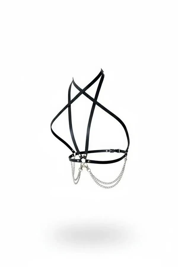 black faux leather chest harness with double-row draped silver chains and crossing halter straps on white background