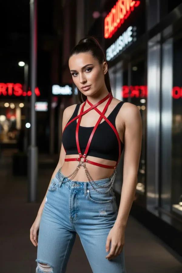 Kırmızı çapraz vücut kemeri gümüş O-ring ve zincir detayı, siyah crop top üzeri sokak kombini