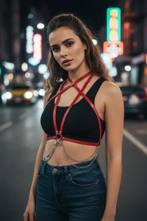 Kırmızı çapraz vücut kemeri gümüş O-ring ve zincir detayı, siyah crop top üzeri sokak kombini