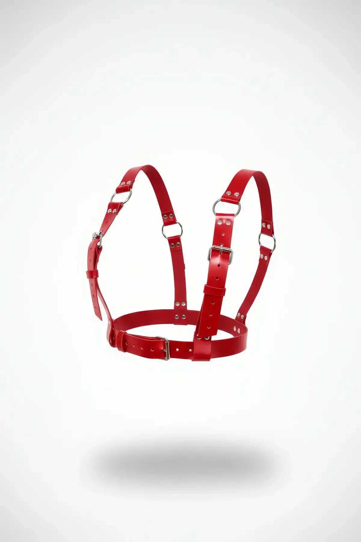 red faux leather adjustable chest harness with silver O-rings and roller buckles, three-strap underbust frame