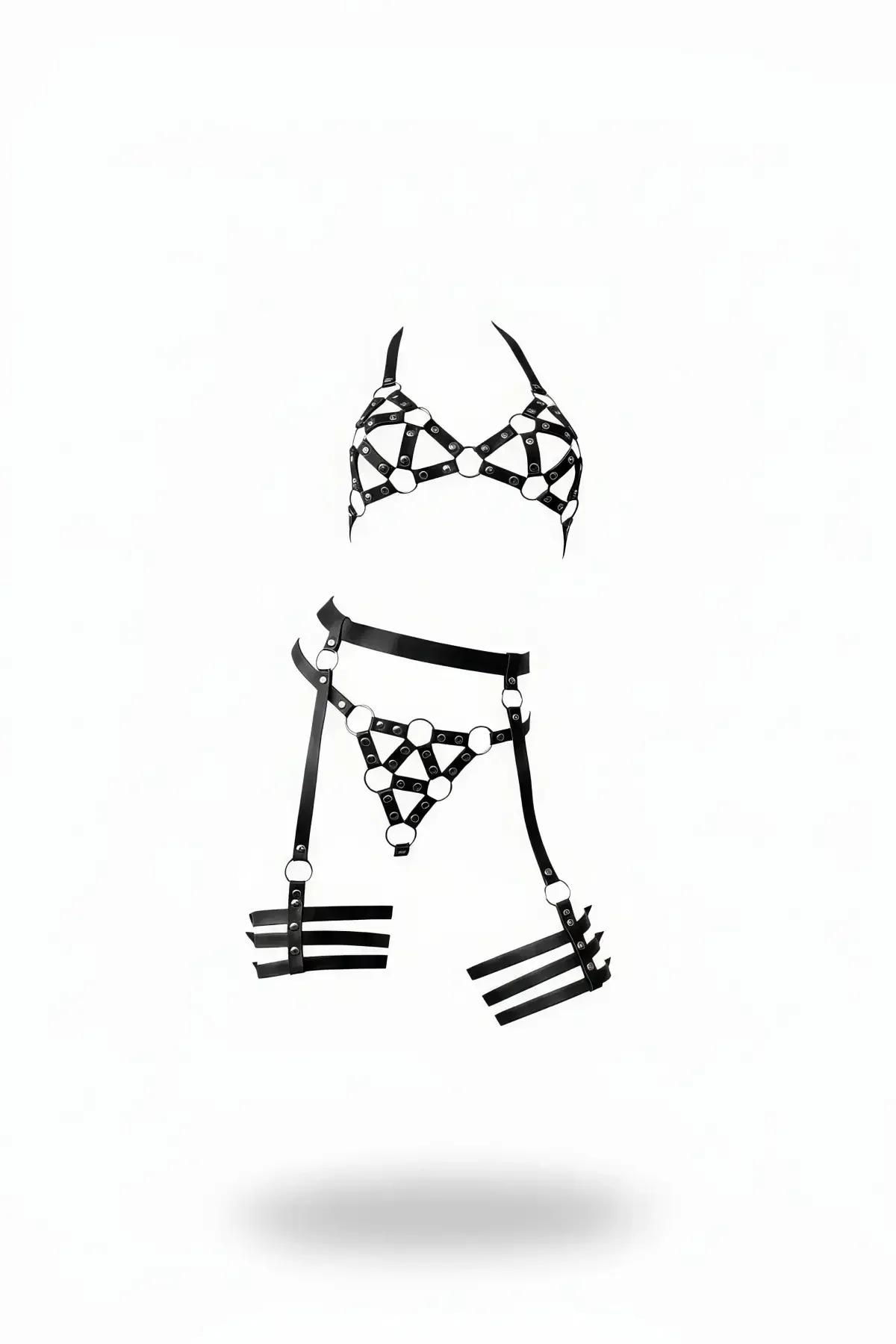 black vegan leather caged body harness set with silver O-rings, cage bra top, hip triangle panel, and triple thigh garter ban