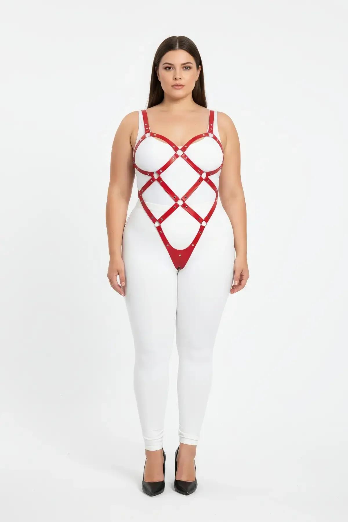 red vegan leather full body harness with diamond lattice and silver O-ring hardware worn on plus-size model