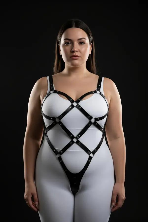 black faux leather full body harness with diamond crisscross straps silver stud hardware and detachable chain