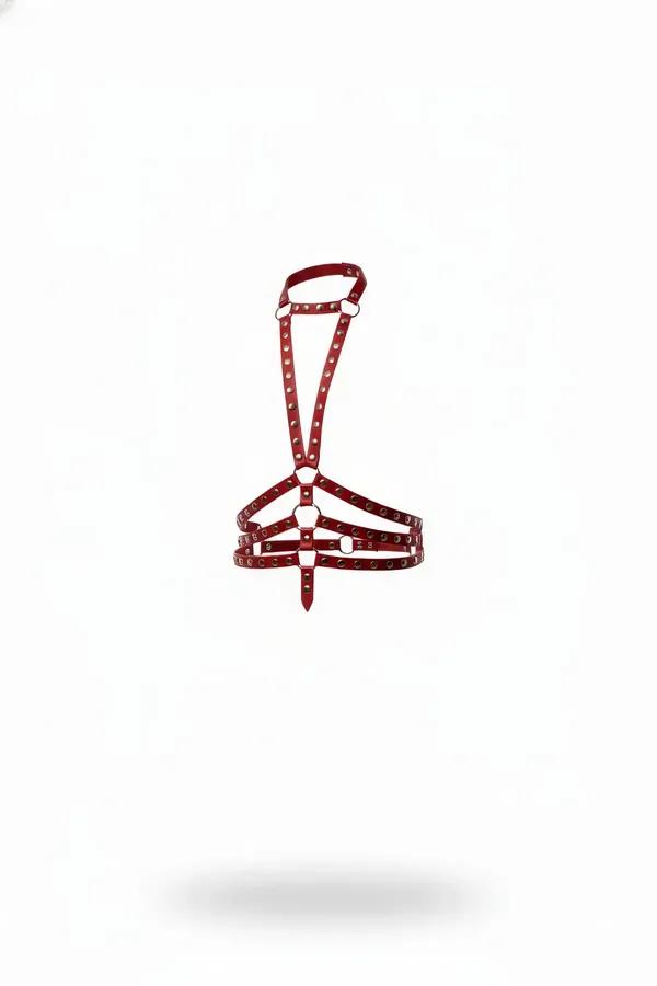 Red faux leather chest harness with silver dome studs and O-ring details, triple under-bust bands, halter loop