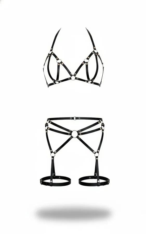 siyah vegan deri harness takım kafes bra üst ve jartiyer kemerli bacak bandı gümüş O-halka donanım
