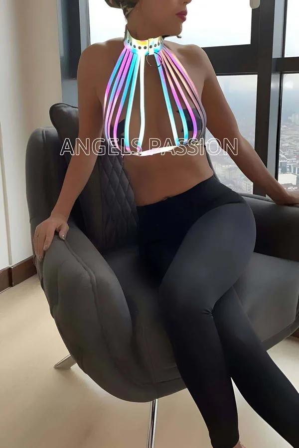 Rainbow reflektörlü harness büstiyer pembe mavi sarı bantlar boyun halkası metal O-ring detay