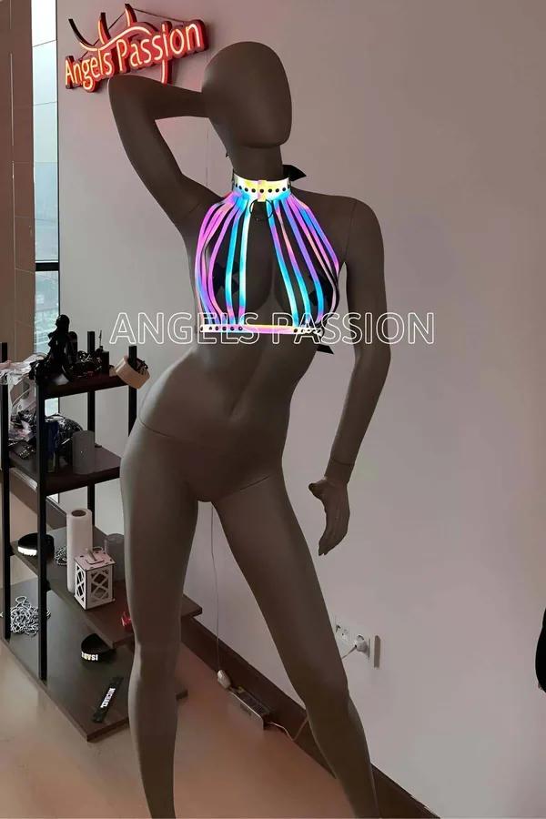 Rainbow reflektörlü harness büstiyer pembe mavi sarı bantlar boyun halkası metal O-ring detay