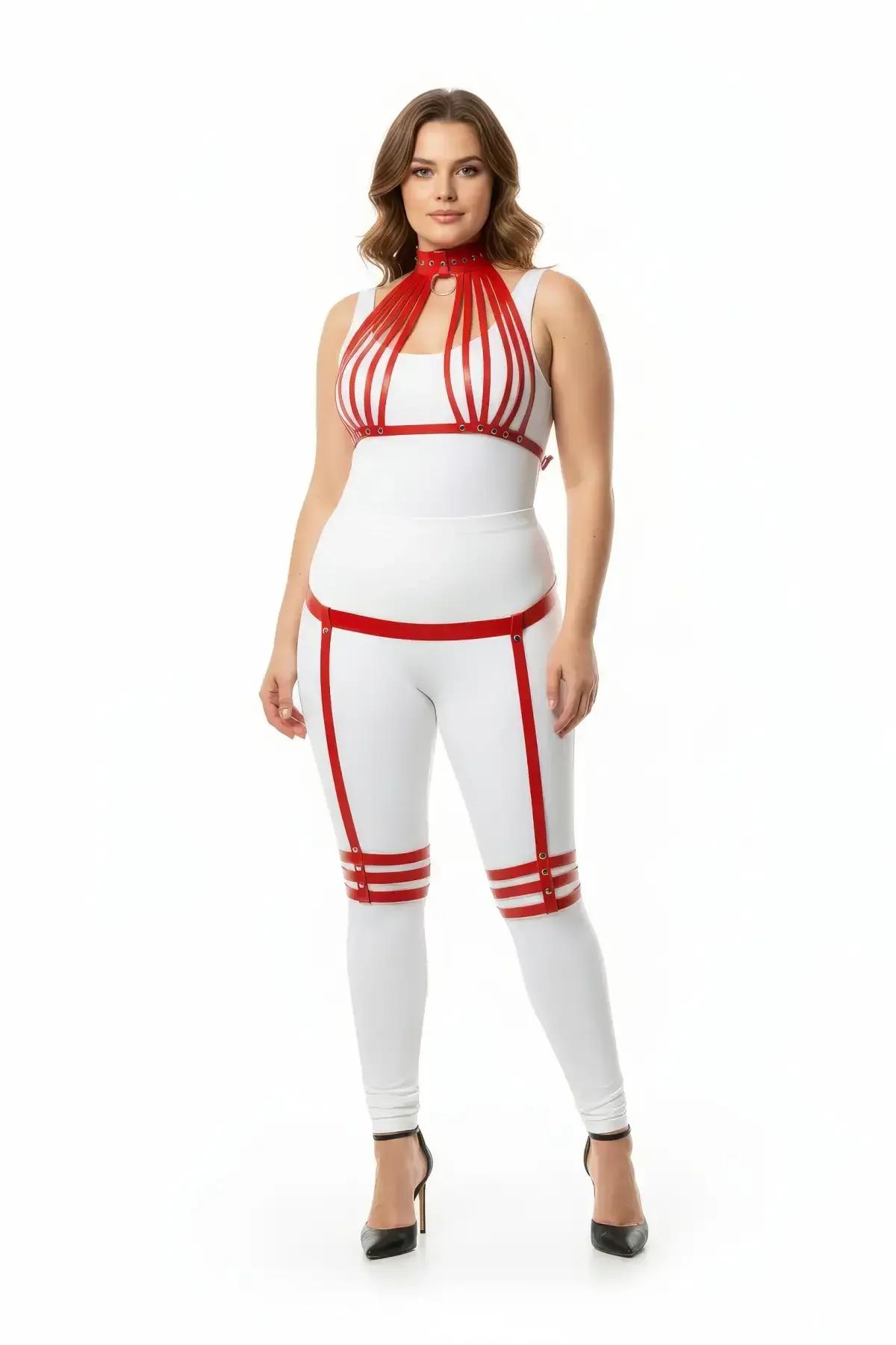 red faux leather cage chest harness set with tiered choker collar and triple-band thigh garters gold hardware