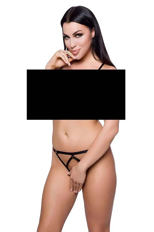 Black strappy open crotch thong panties with silver O-ring hardware and geometric strap crossing at front hips