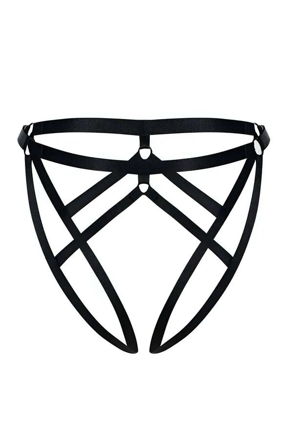 Siyah elastik bantlı ön kısmı açık lastik tanga O-ring detay harness tasarım