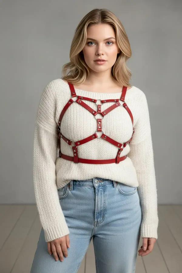Red faux leather chest harness with silver O-ring detail worn over cream knit sweater, plus-size model, front view