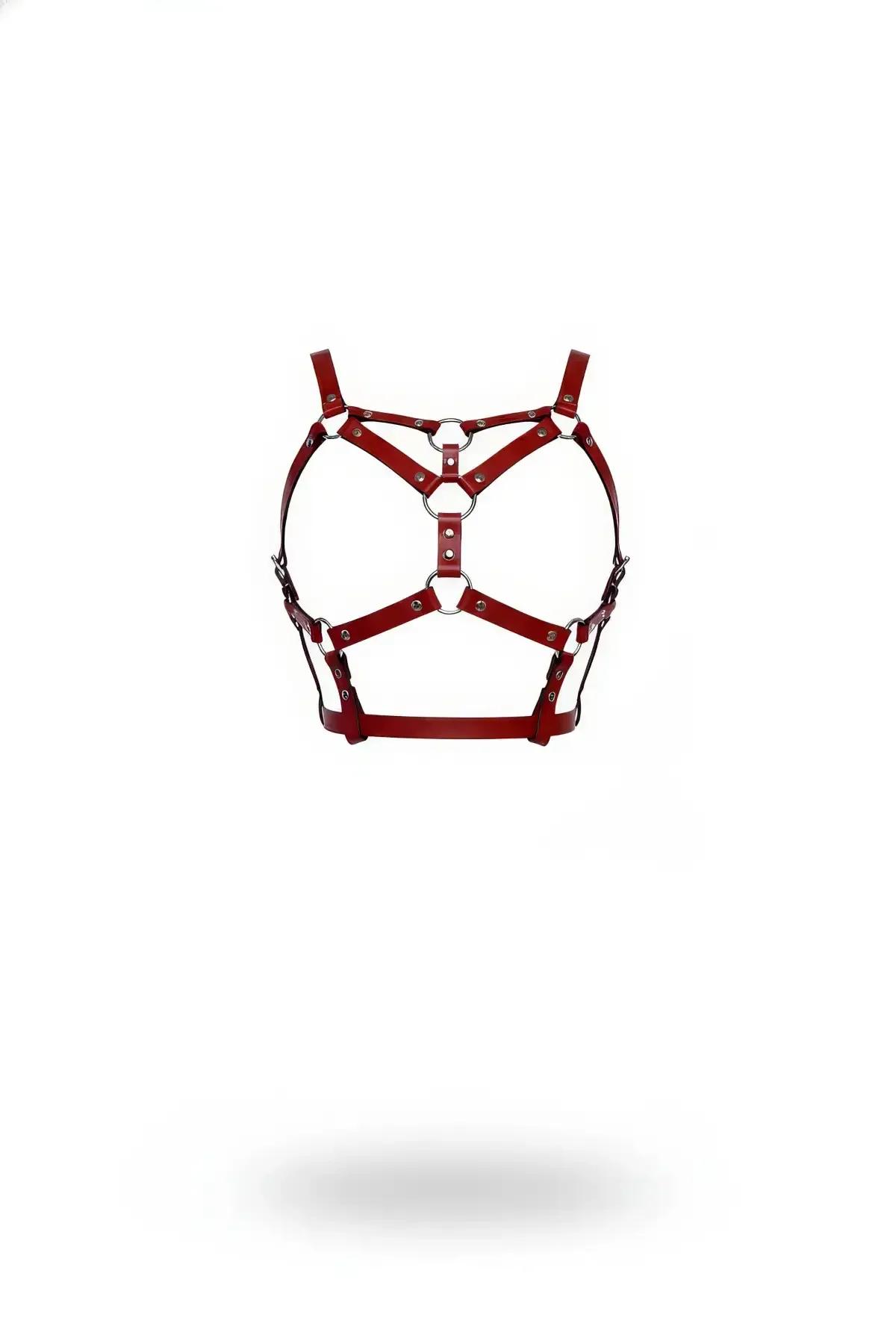 dark red faux leather caged harness bra with five silver O-rings adjustable straps front view