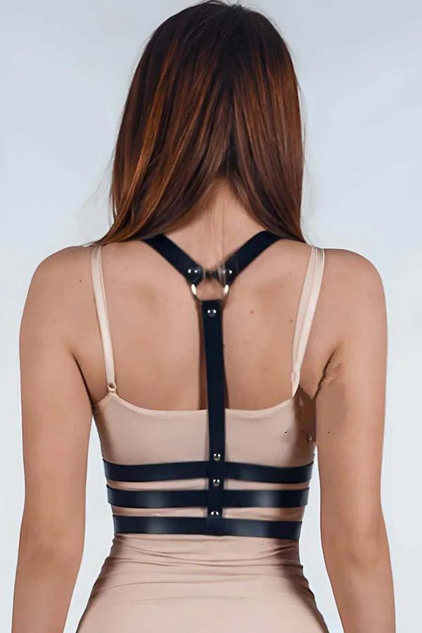 siyah vegan deri boyun gobek harness gümüş O-halka ve üç yatay bantlı kadın fantazi aksesuar