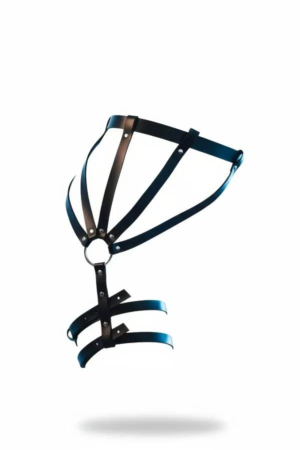Jartiyer harness siyah faux leather bel ve bacak desteği gümüş O-ring ve perçin detaylı