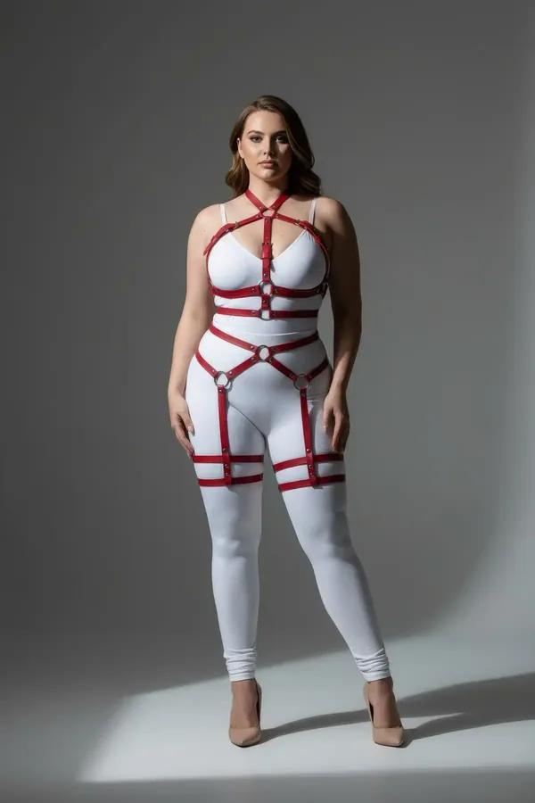 red vegan leather full body harness with silver O-rings and adjustable thigh garter straps on plus-size model