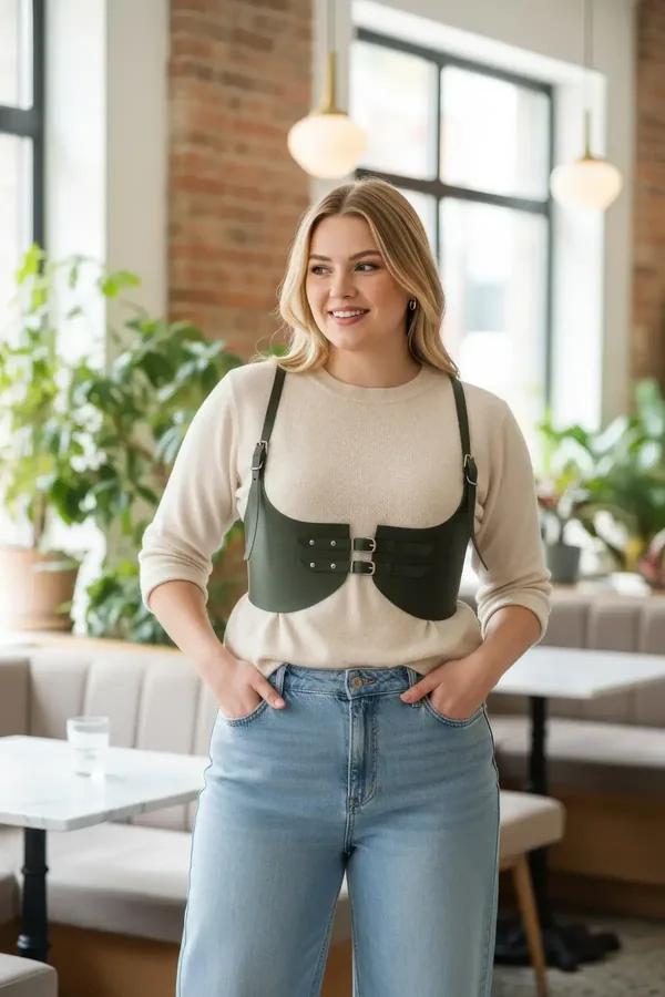 Haki vegan deri korse harness büyük beden omuz askılı çift metal toka ön kapama