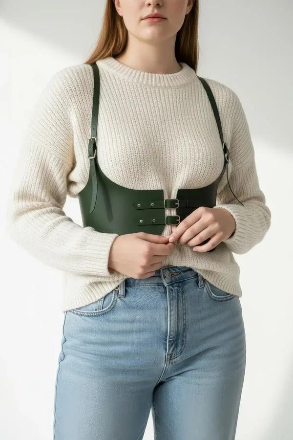 olive green faux leather structured underbust harness with double silver buckle closure worn over cream sweater
