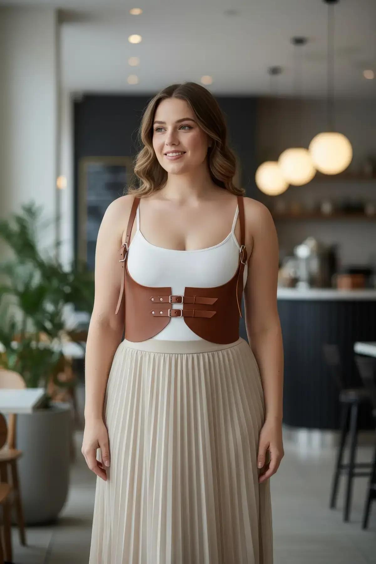 brown faux leather underbust corset harness top with dual buckle front and gold O-ring shoulder straps