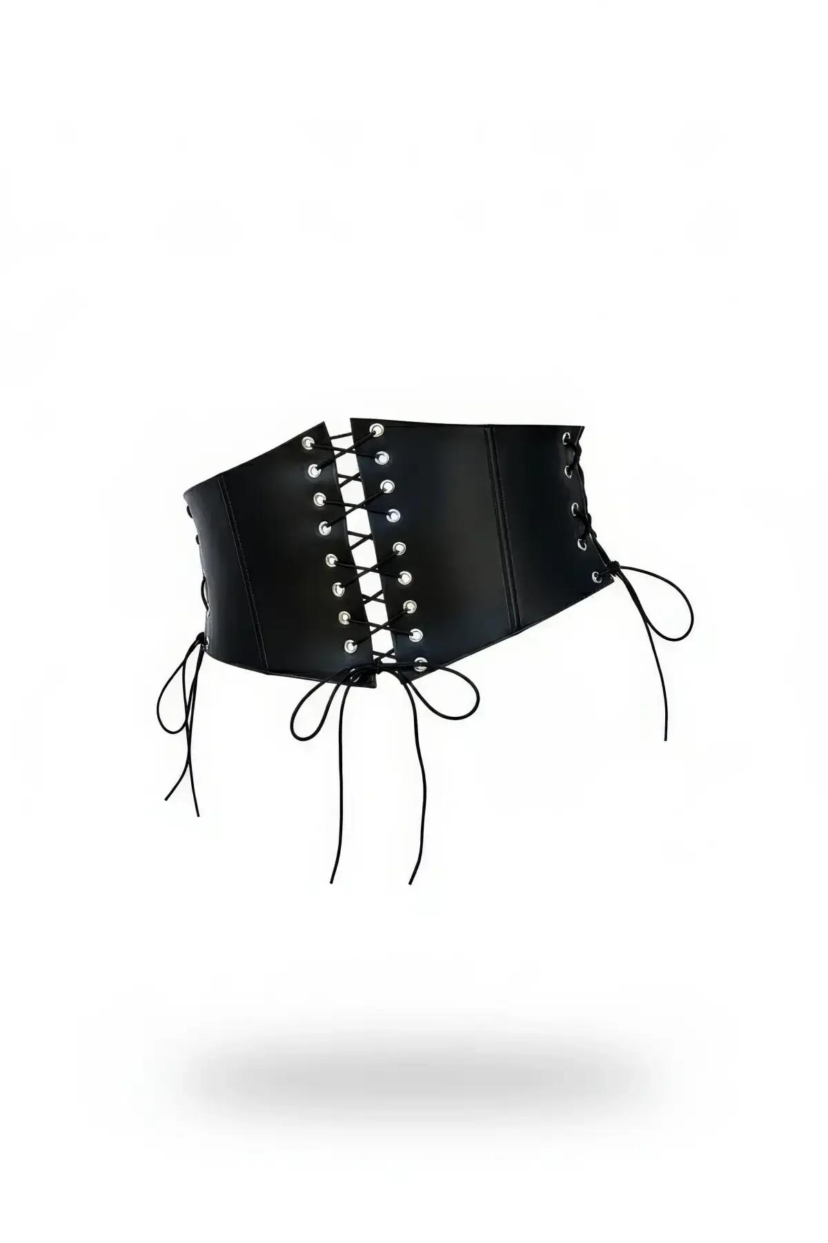 black faux leather lace-up waspie corset belt with silver eyelets and three lace panels structured waist cincher
