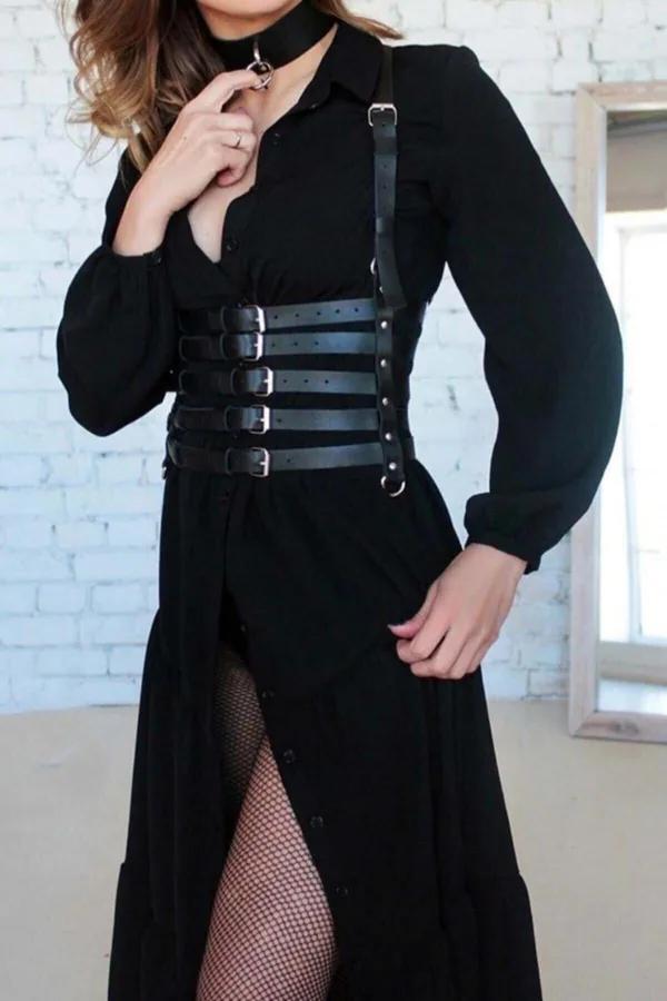 siyah suni deri korse kemer 5 tokalı elbise üstü choker seti mat gümüş metal toka