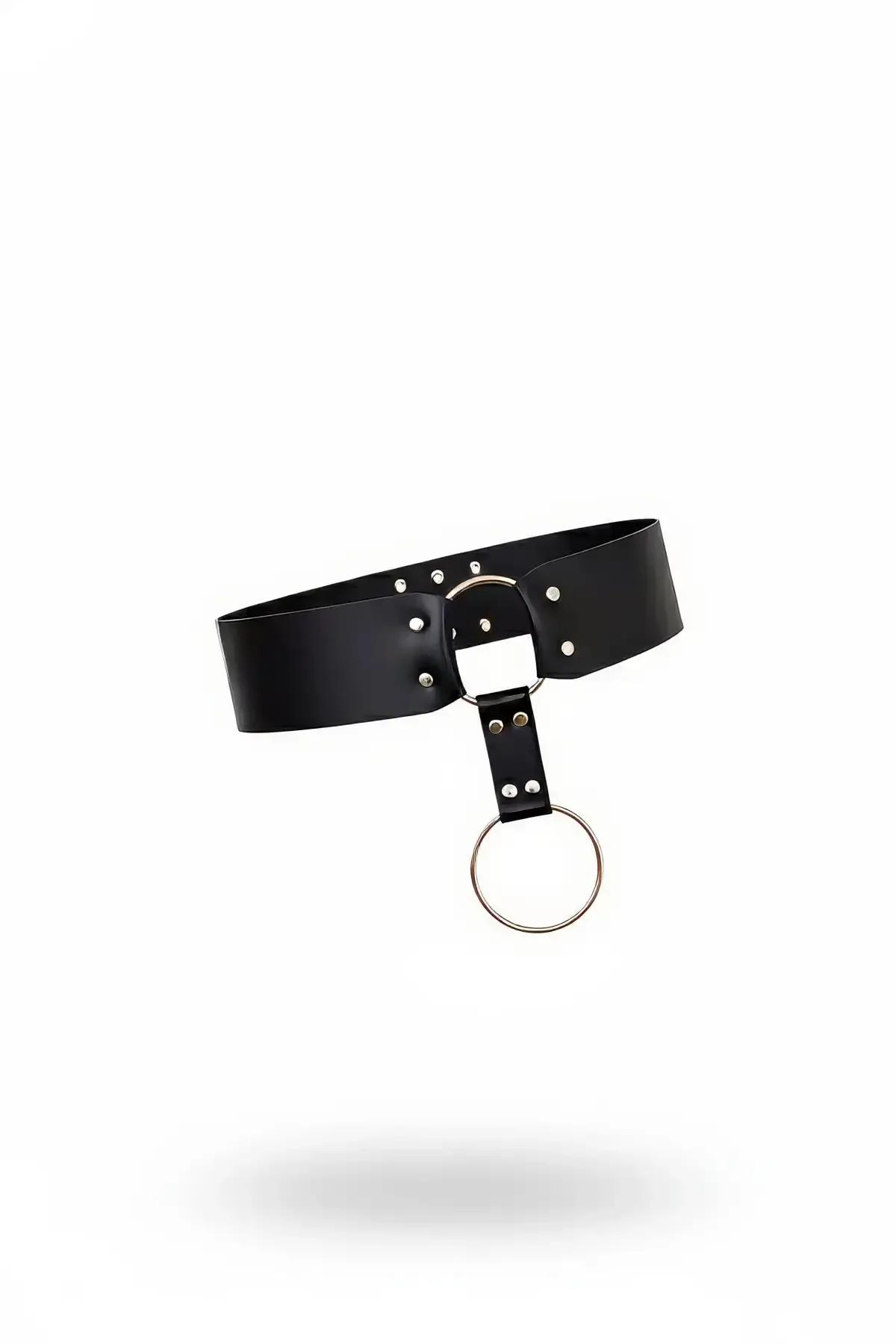 siyah kalın suni deri bel kemeri gümüş metal O-ring detaylı kadın aksesuar