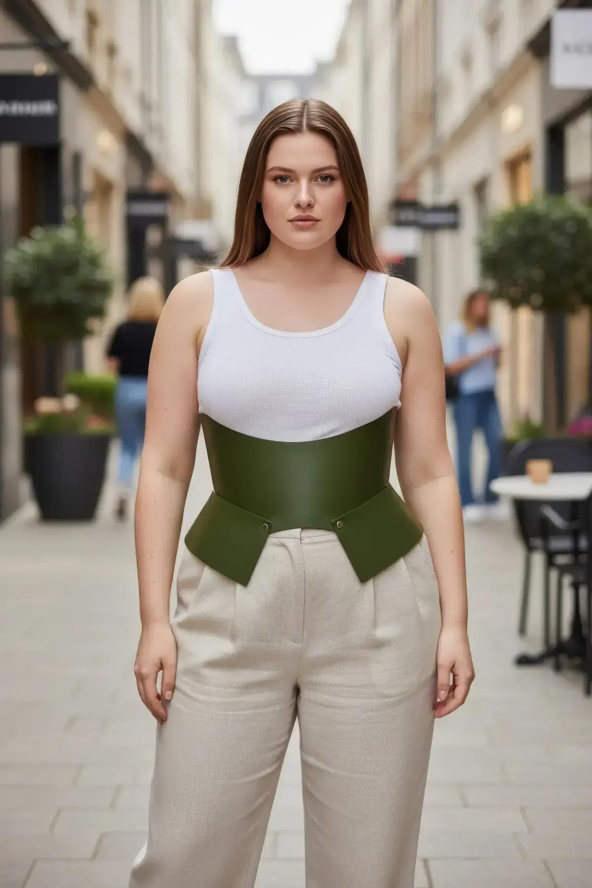 wide corset belt olive green faux leather structured peplum waist detail worn over white tank top