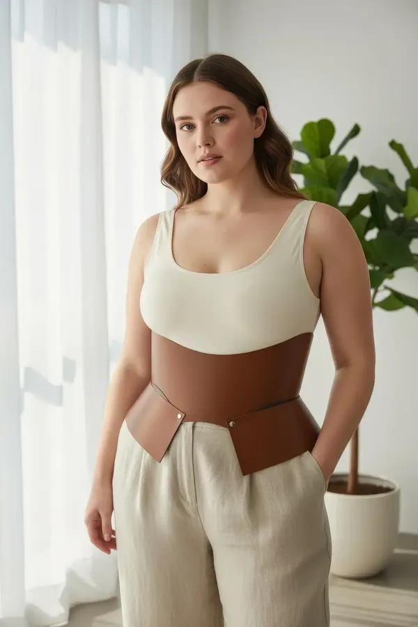 tan faux leather waspie waist cinch belt with angular front panels and gold stud hardware worn over cream tank top