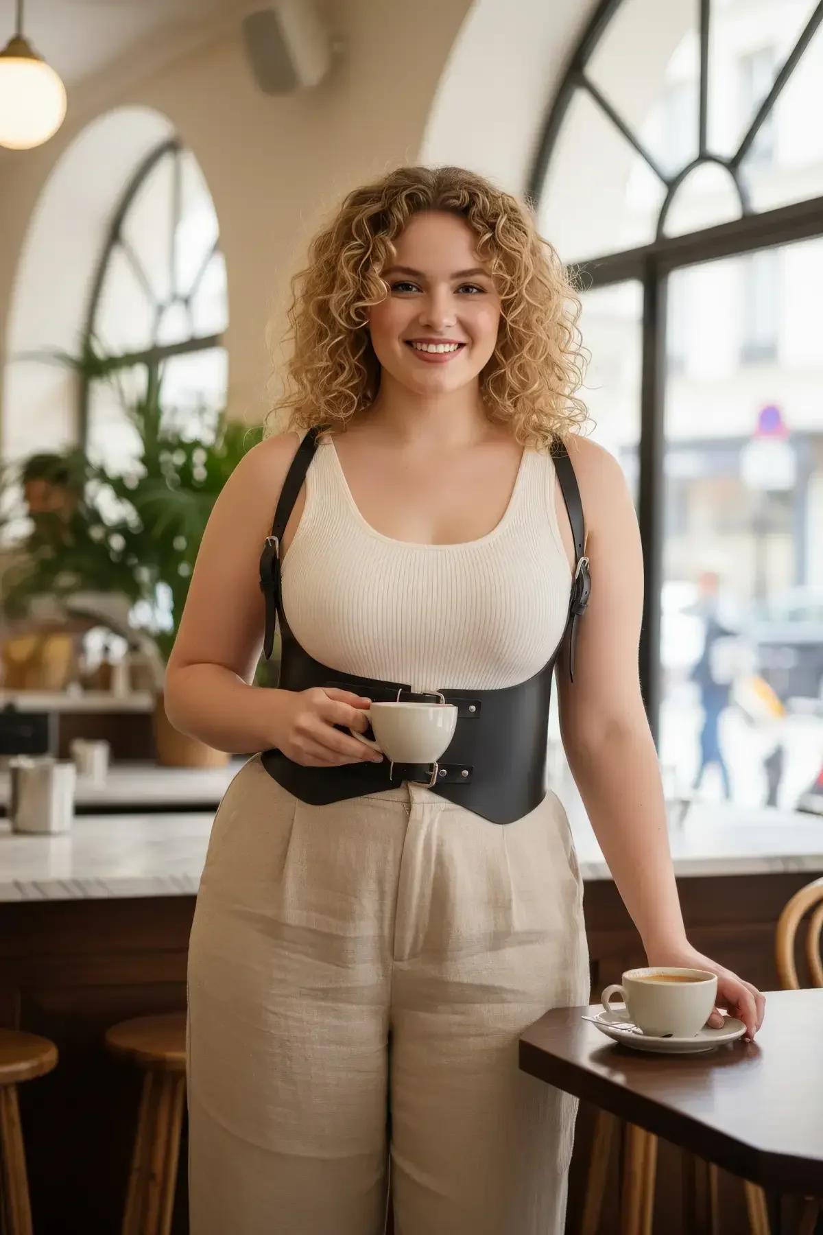 black faux leather underbust harness waist cincher with silver buckle and shoulder straps worn over white tank top