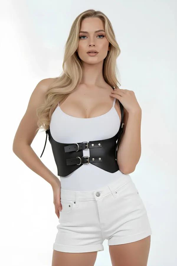 Siyah faux leather geniş korse tipi kemer çift gümüş metal tokalı tek omuz askılı kadın aksesuarı