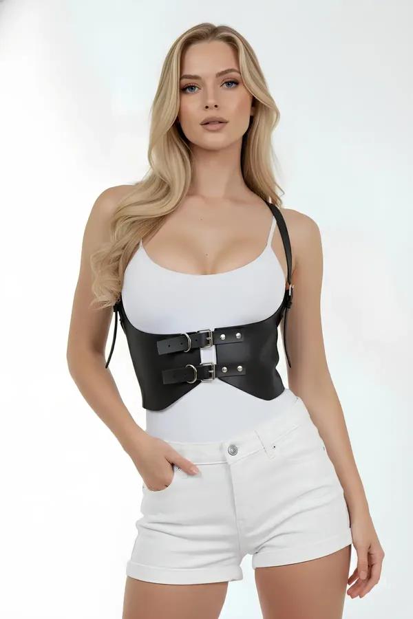 Siyah faux leather geniş korse tipi kemer çift gümüş metal tokalı tek omuz askılı kadın aksesuarı