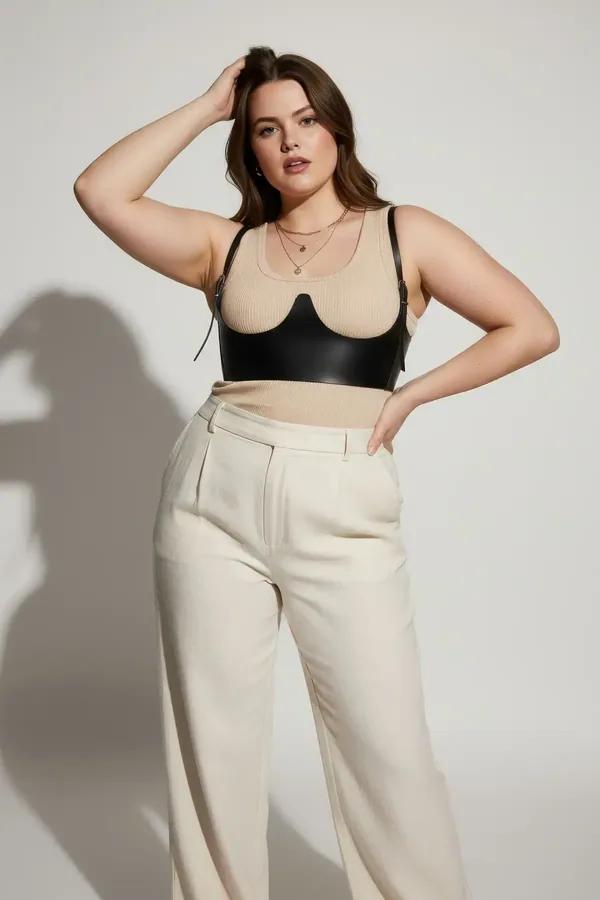 black faux leather underbust harness with shoulder straps worn over beige ribbed top with wide-leg trousers