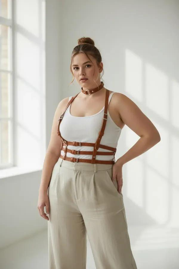 tan vegan leather chest harness with four horizontal straps and matching O-ring choker worn over white tank top, silver buckl