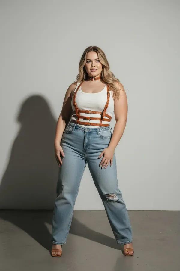 tan vegan leather chest harness with four horizontal straps and matching O-ring choker worn over white tank top, silver buckl