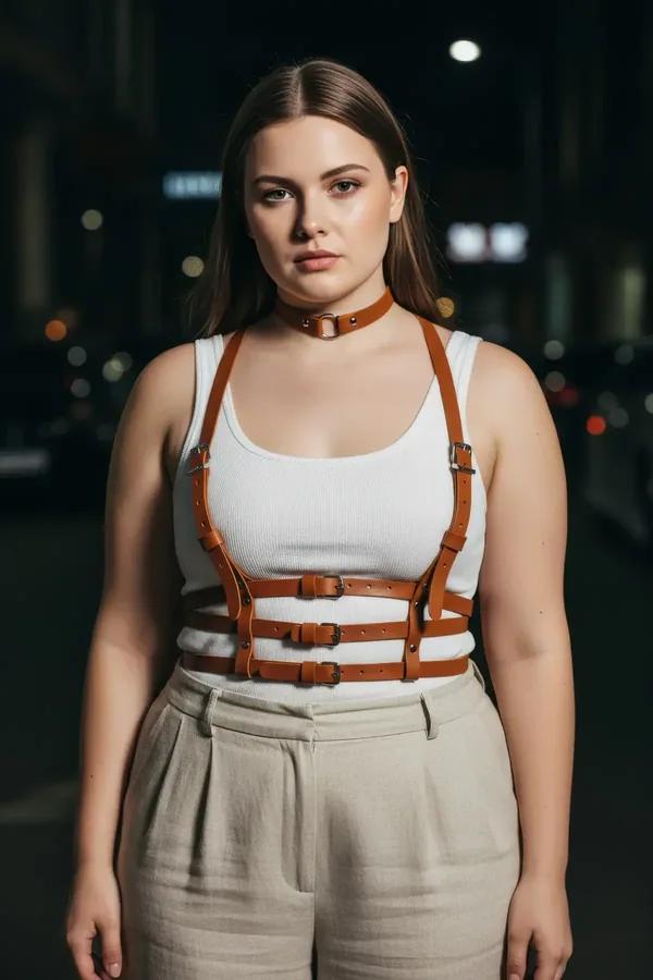 tan vegan leather chest harness with four horizontal straps and matching O-ring choker worn over white tank top, silver buckl