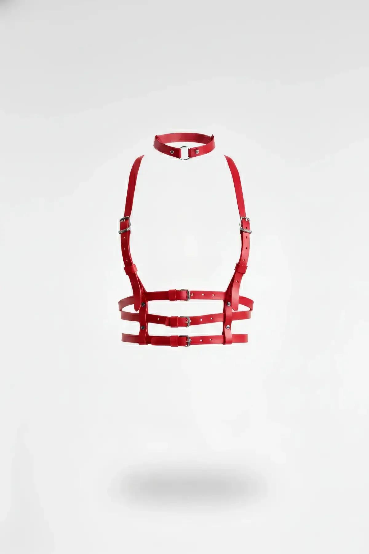 red faux leather multi-strap body harness with matching choker and silver buckles, three chest bands