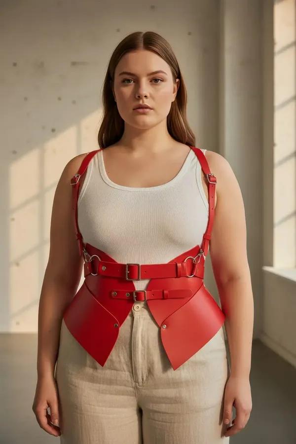 Red faux leather waspie corset harness with gold buckles and adjustable shoulder straps worn over cream bodysuit