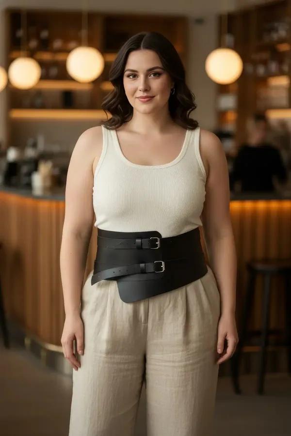 black faux leather waspie belt with asymmetric panel and dual silver buckles worn over cream tank top